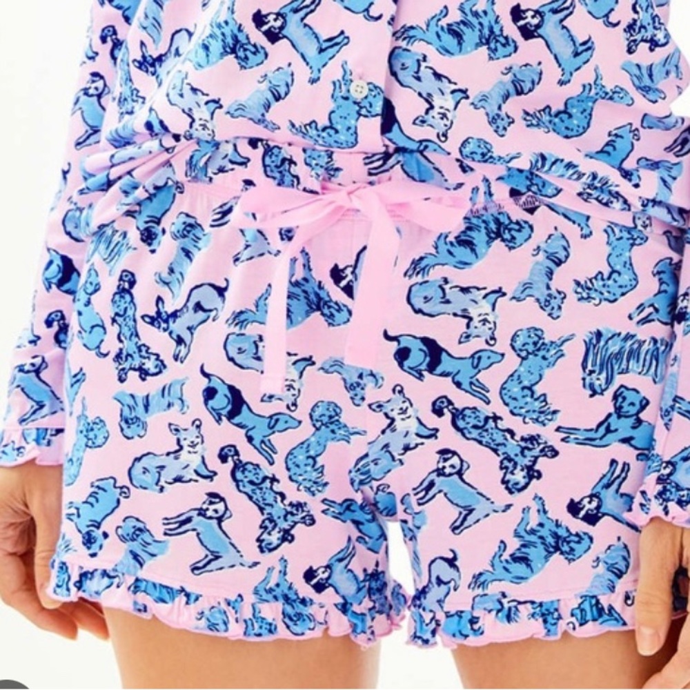 Lilly Pulitzer Ruffle Pajama SET “Ruff Night” dogs Zanzibar Blue